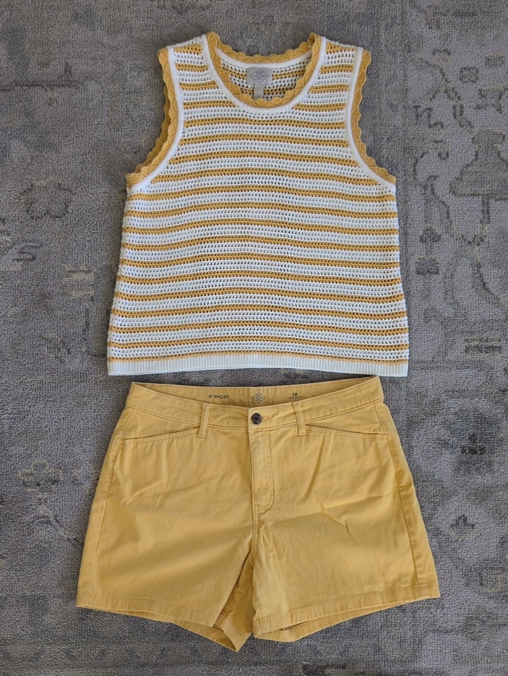 St. John's Bay Cream & Mustard Stripe Crochet Tank with Mustard Shorts